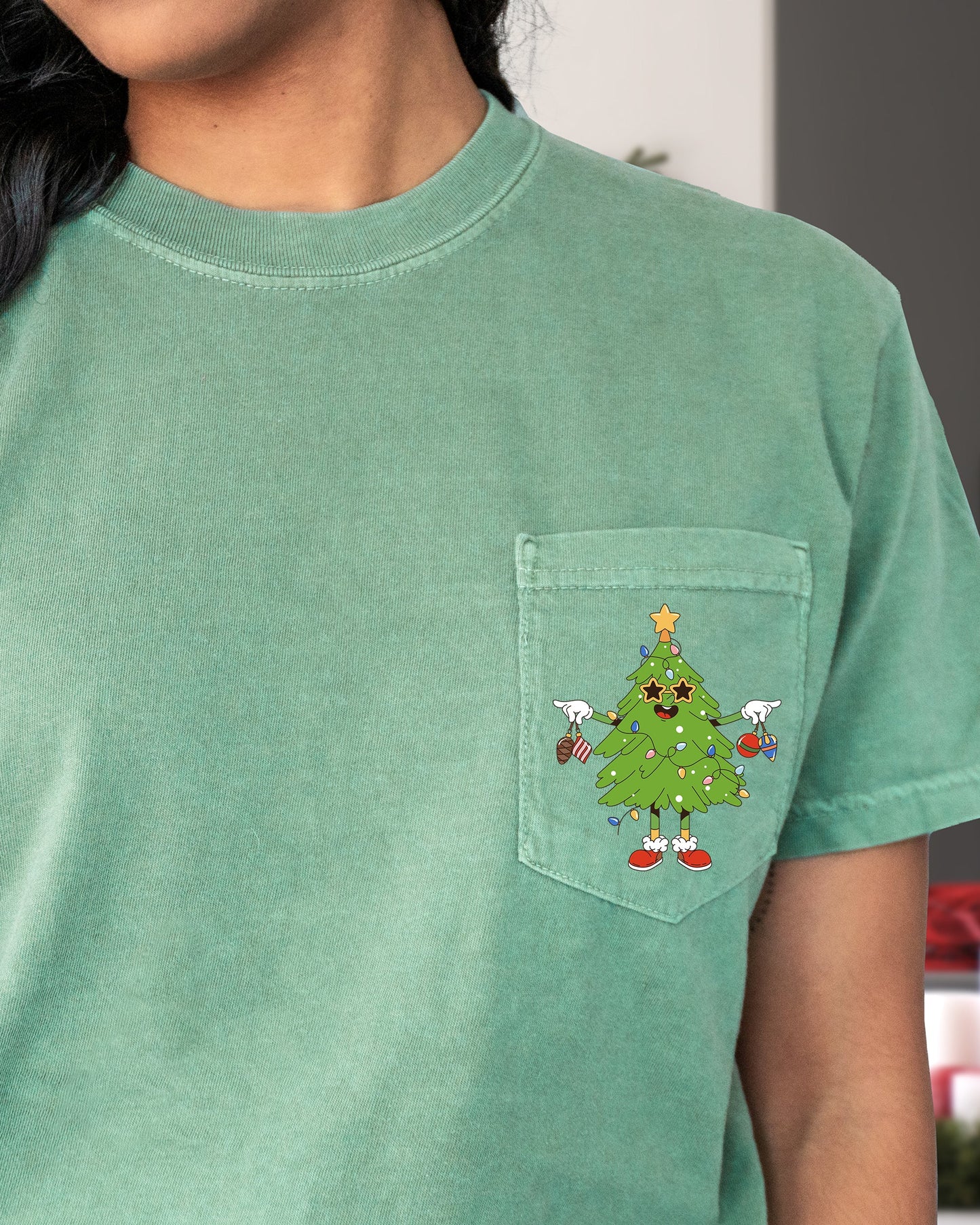 Funny Christmas Tree, Pocket, Santa, Snow, Winter, Xmas Pocket Tee Comfort Colors T-Shirt
