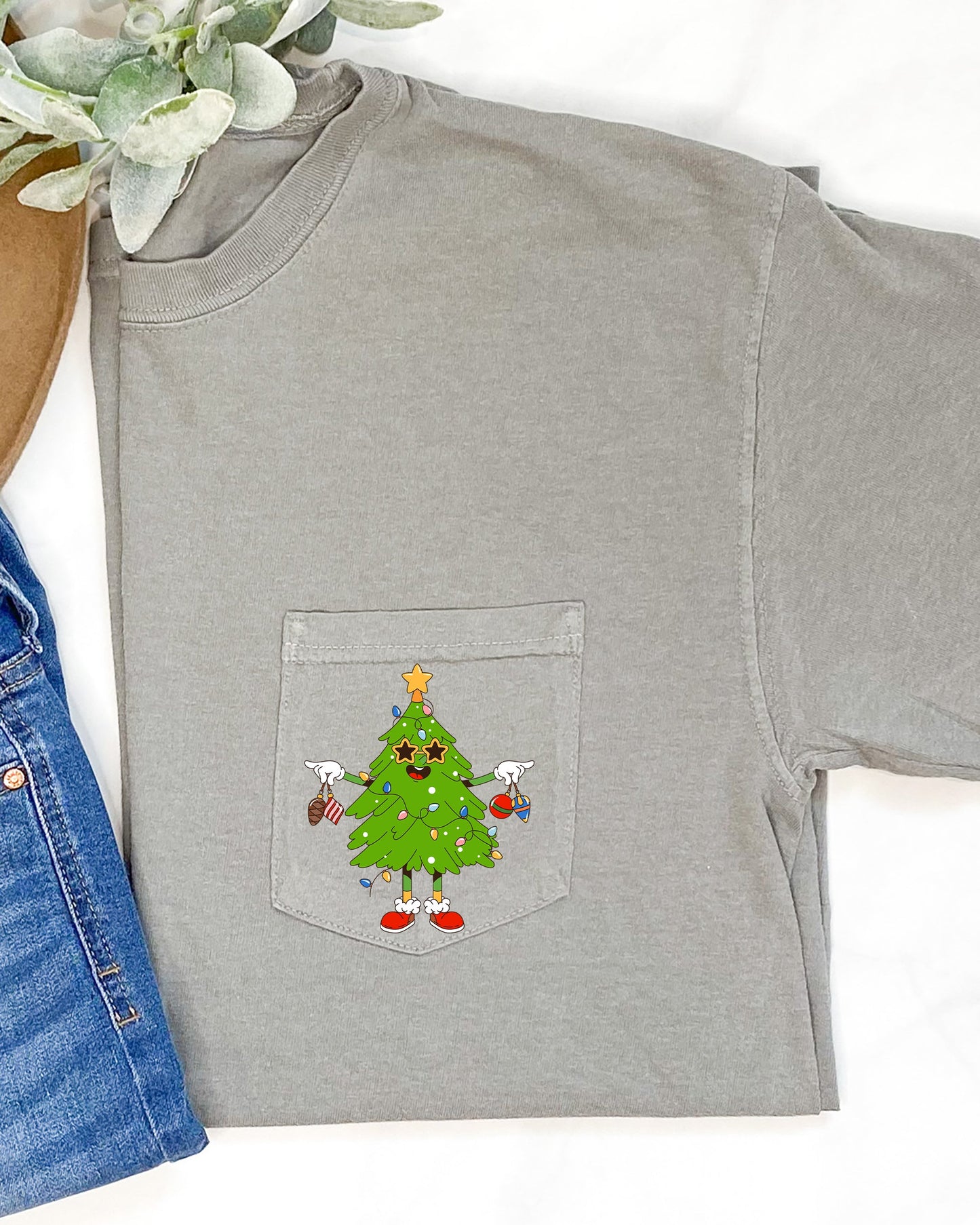 Funny Christmas Tree, Pocket, Santa, Snow, Winter, Xmas Pocket Tee Comfort Colors T-Shirt