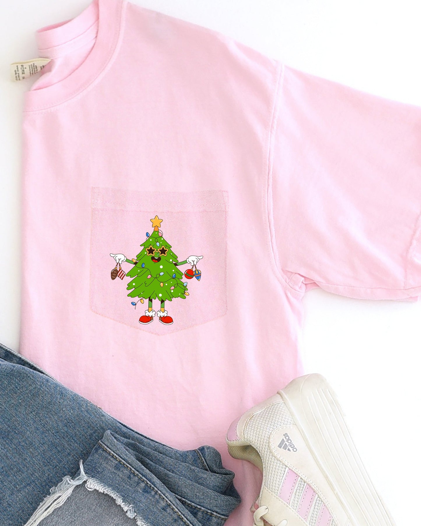 Funny Christmas Tree, Pocket, Santa, Snow, Winter, Xmas Pocket Tee Comfort Colors T-Shirt