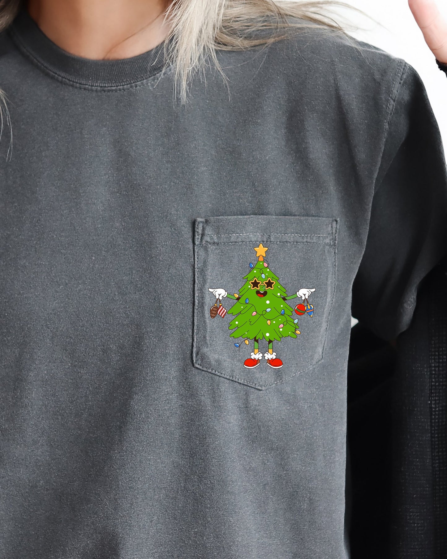 Funny Christmas Tree, Pocket, Santa, Snow, Winter, Xmas Pocket Tee Comfort Colors T-Shirt