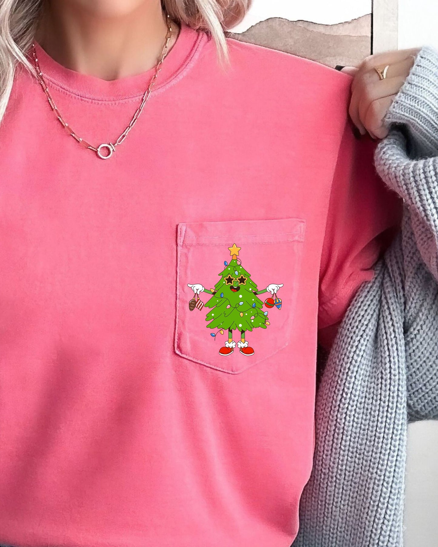 Funny Christmas Tree, Pocket, Santa, Snow, Winter, Xmas Pocket Tee Comfort Colors T-Shirt