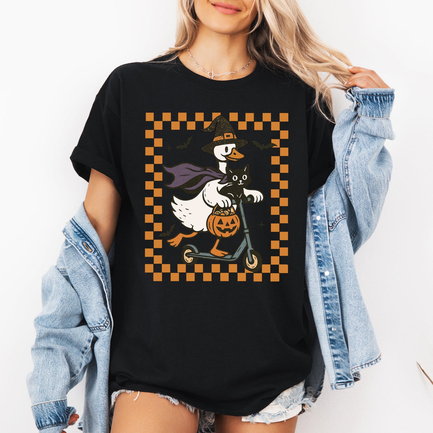 Funny Halloween Goose, Black Cat, Witch, Checkered, Tshirt