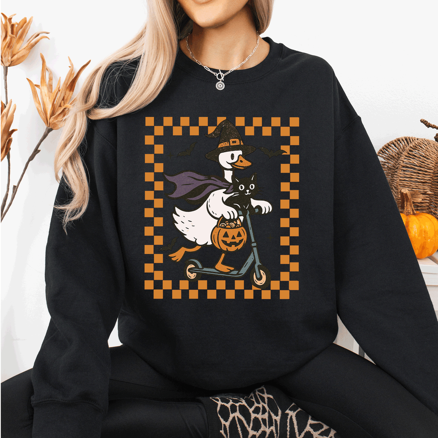 Funny Halloween Goose, Black Cat, Witch, Checkered Sweatshirt