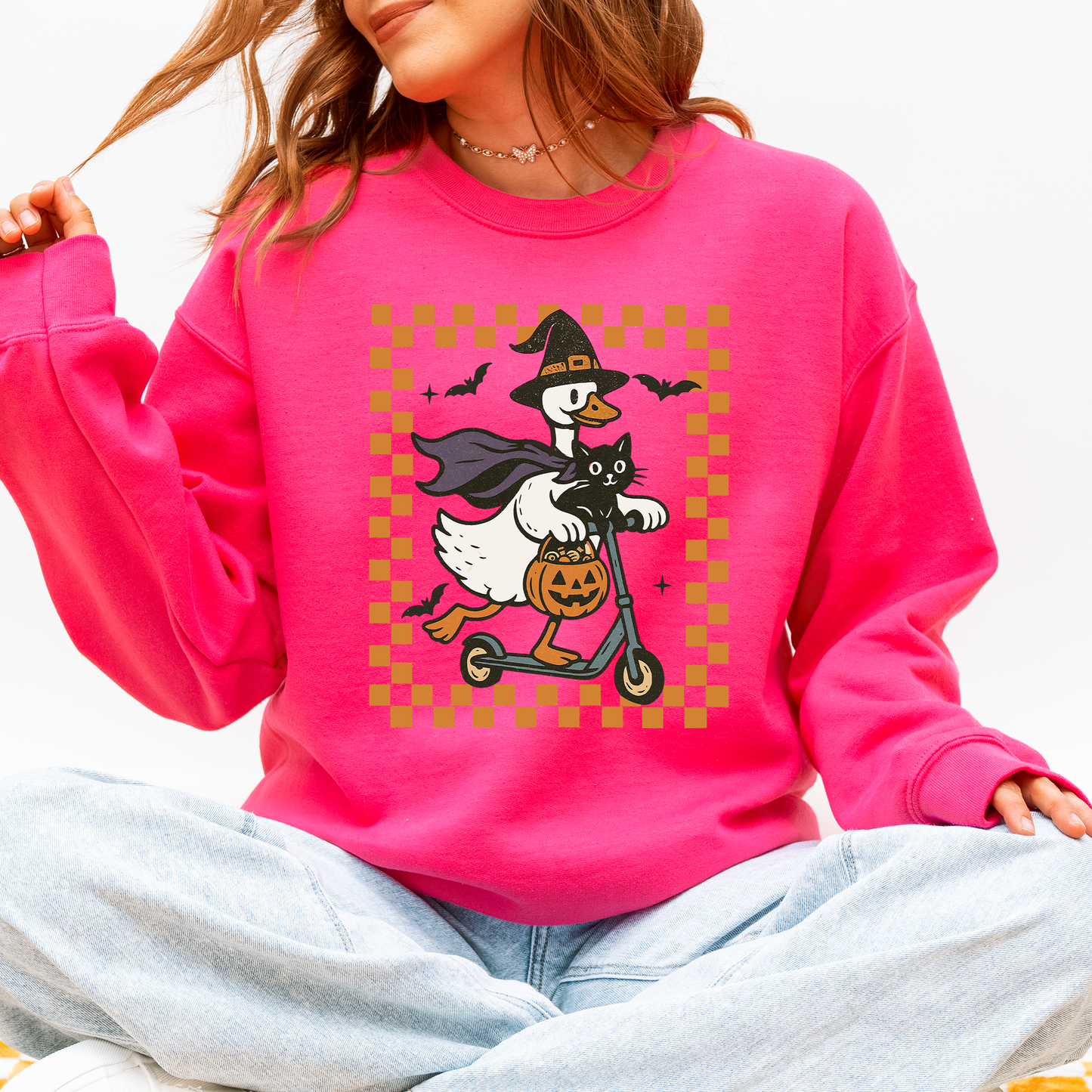 Funny Halloween Goose, Black Cat, Witch, Checkered Sweatshirt