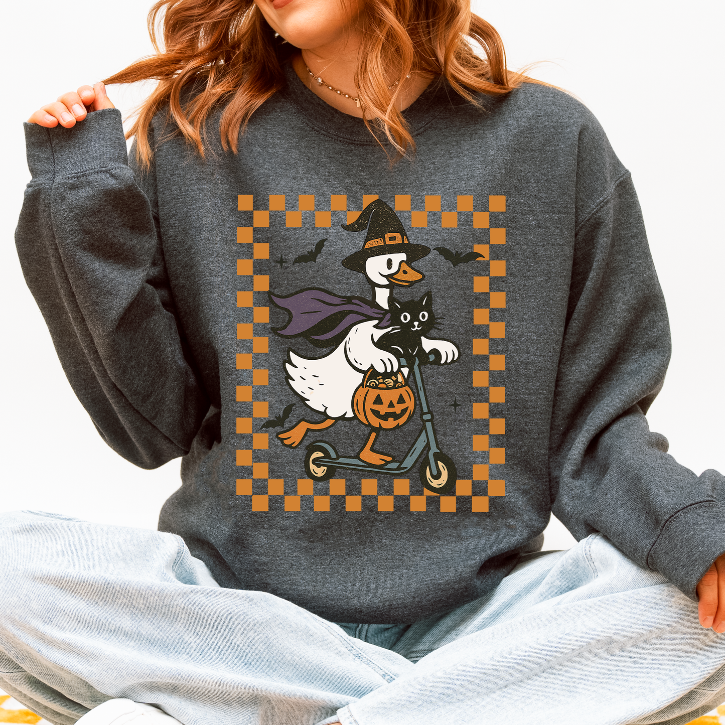 Funny Halloween Goose, Black Cat, Witch, Checkered Sweatshirt
