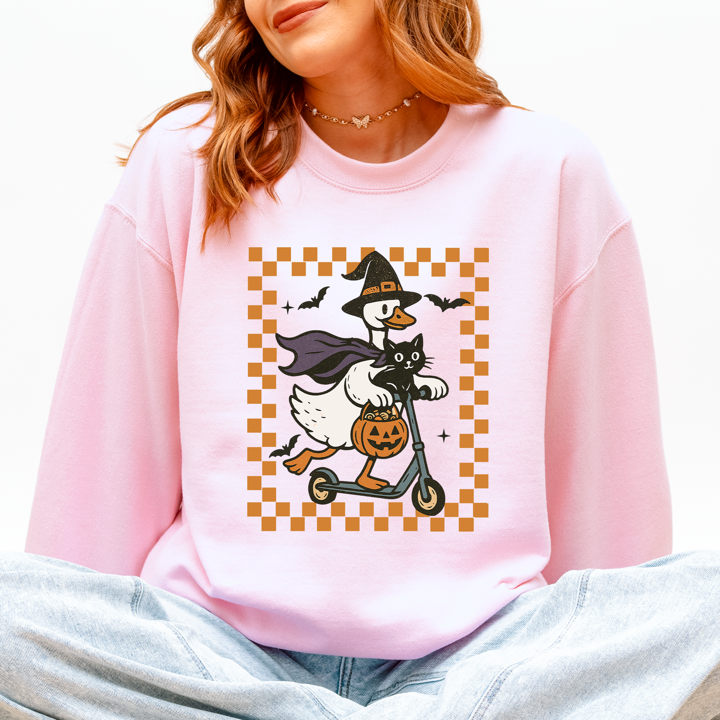 Funny Halloween Goose, Black Cat, Witch, Checkered Sweatshirt