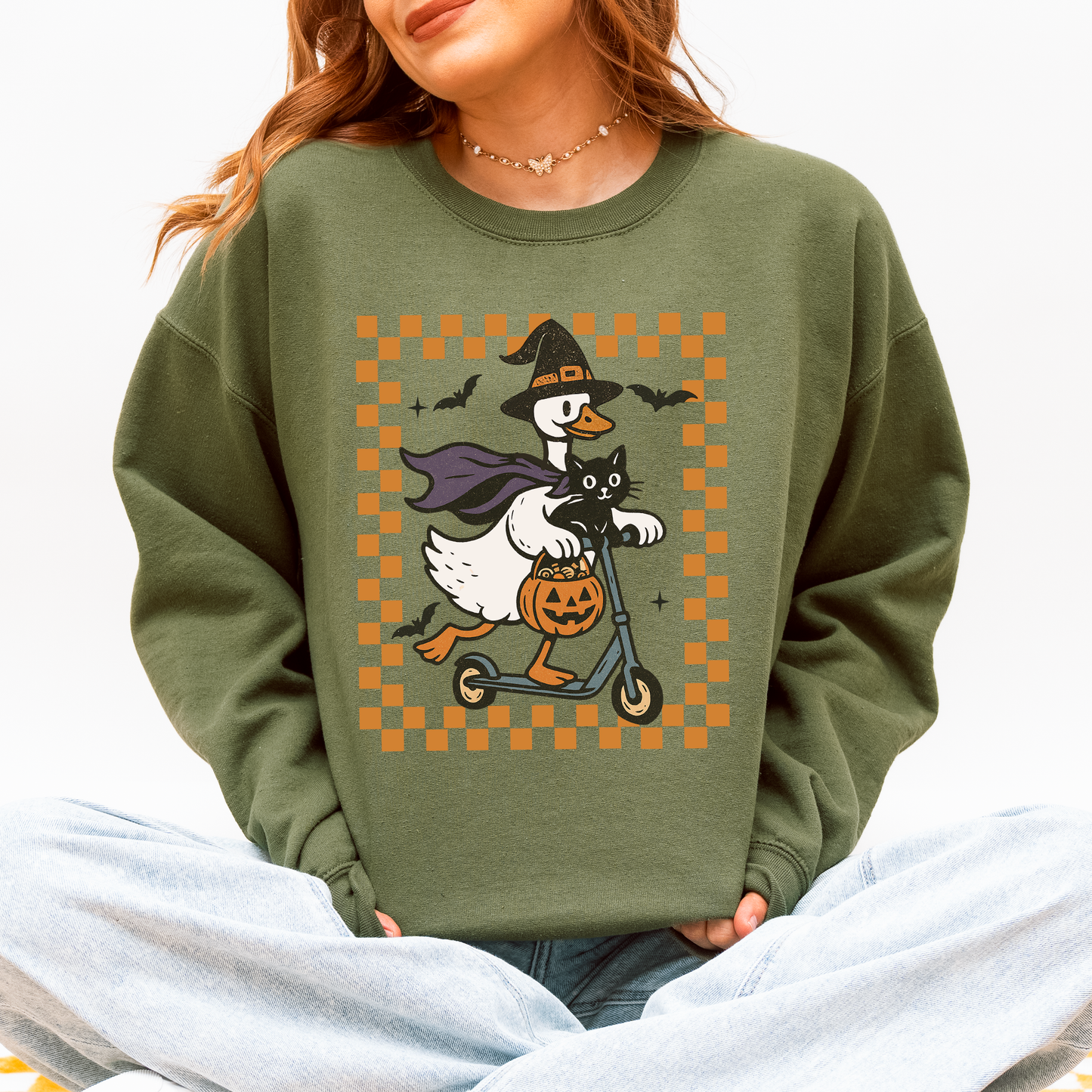 Funny Halloween Goose, Black Cat, Witch, Checkered Sweatshirt