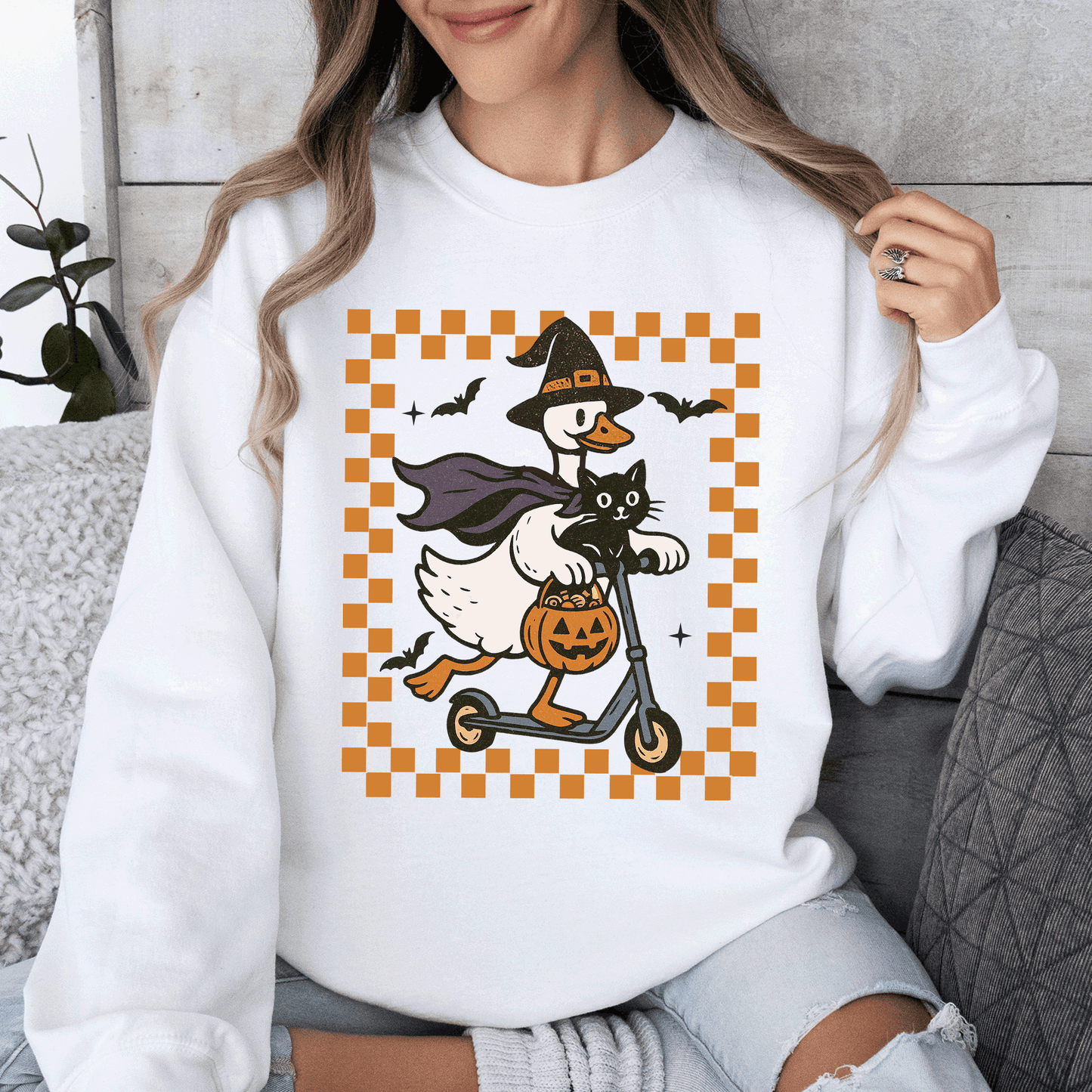 Funny Halloween Goose, Black Cat, Witch, Checkered Sweatshirt