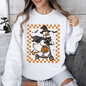 Funny Halloween Goose, Black Cat, Witch, Checkered Sweatshirt