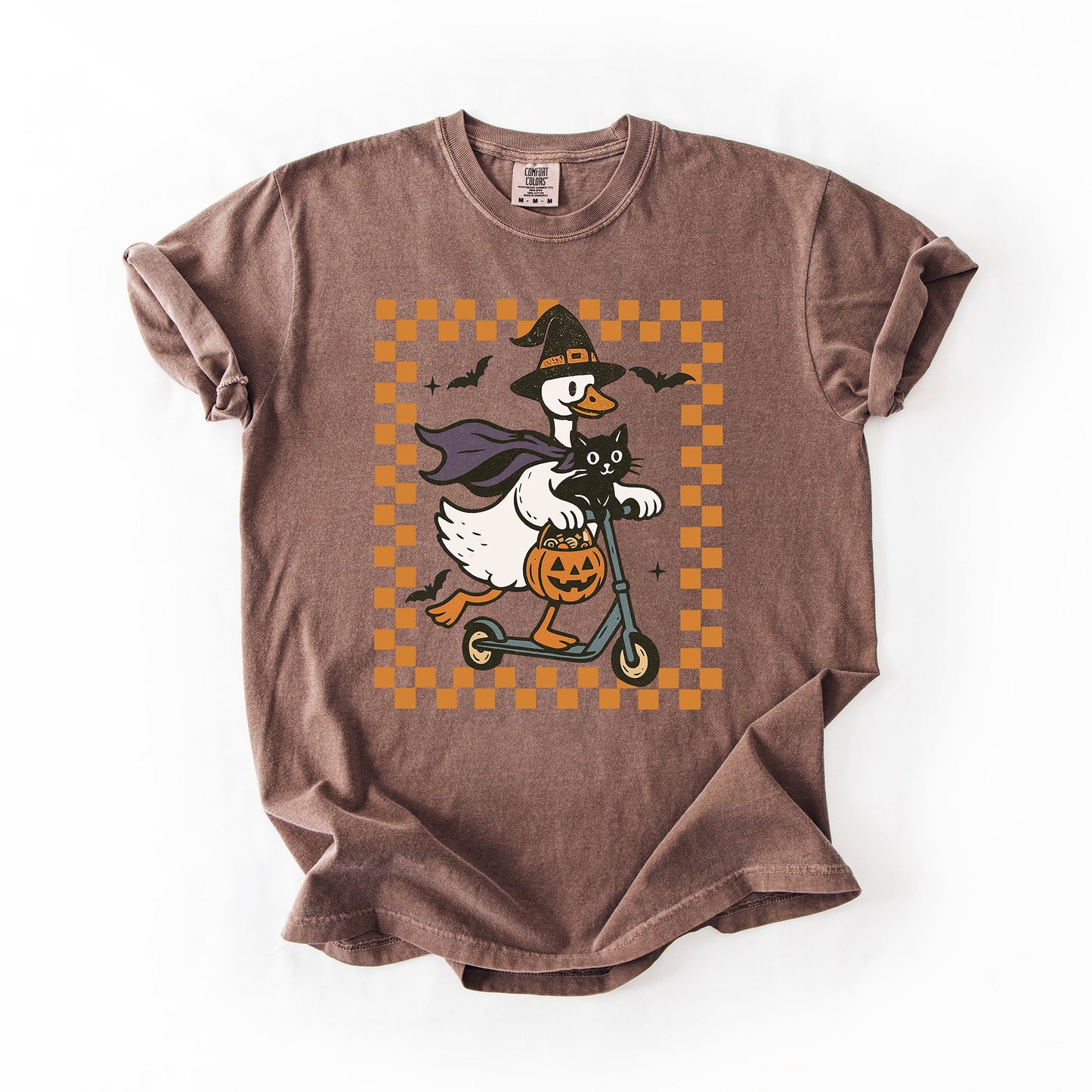 Funny Halloween Goose, Black Cat, Witch, Checkered, Comfort Colors T-Shirt