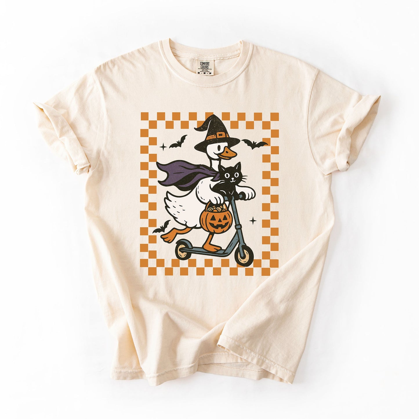 Funny Halloween Goose, Black Cat, Witch, Checkered, Comfort Colors T-Shirt