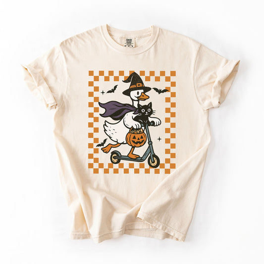 Funny Halloween Goose, Black Cat, Witch, Checkered, Comfort Colors T-Shirt