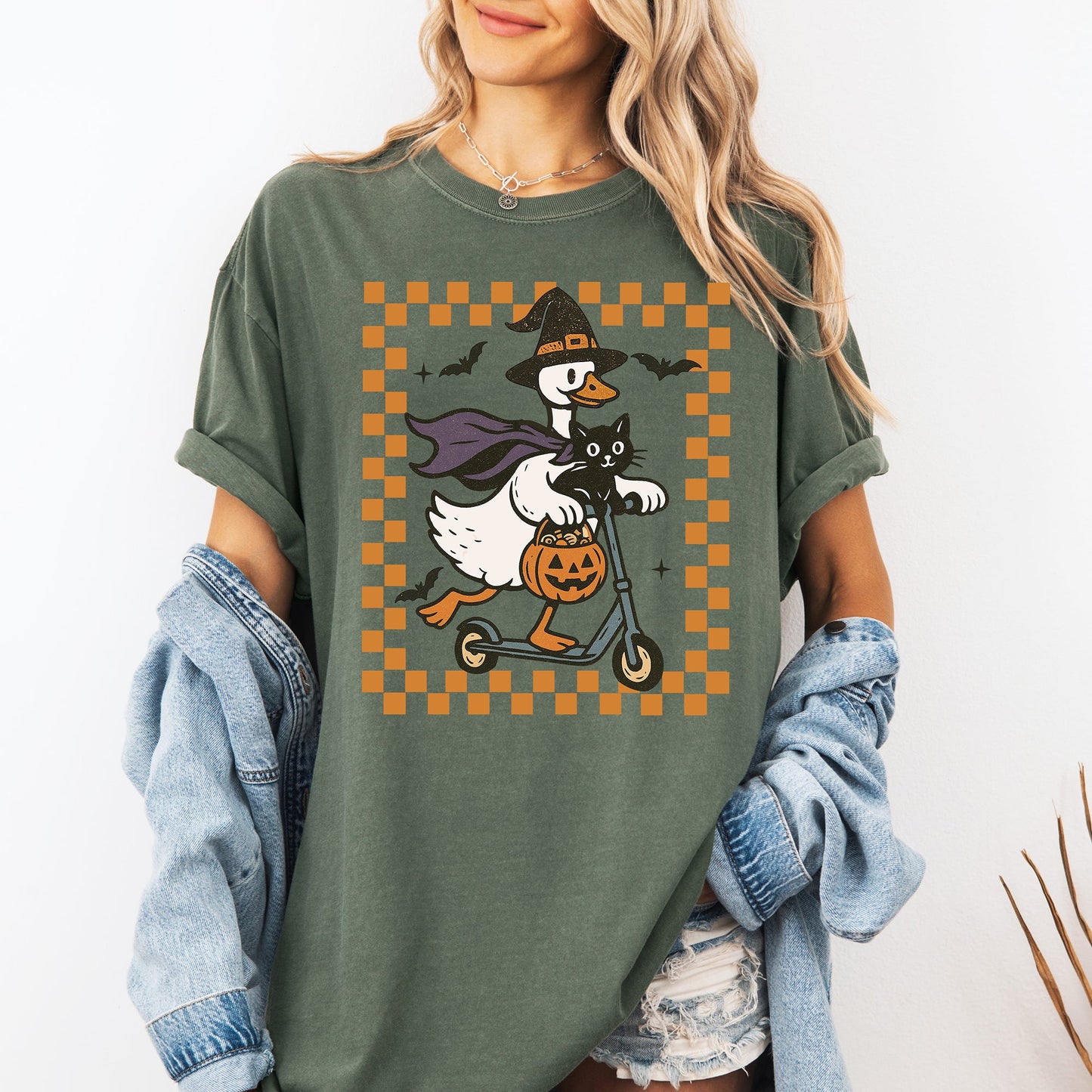Funny Halloween Goose, Black Cat, Witch, Checkered, Comfort Colors T-Shirt