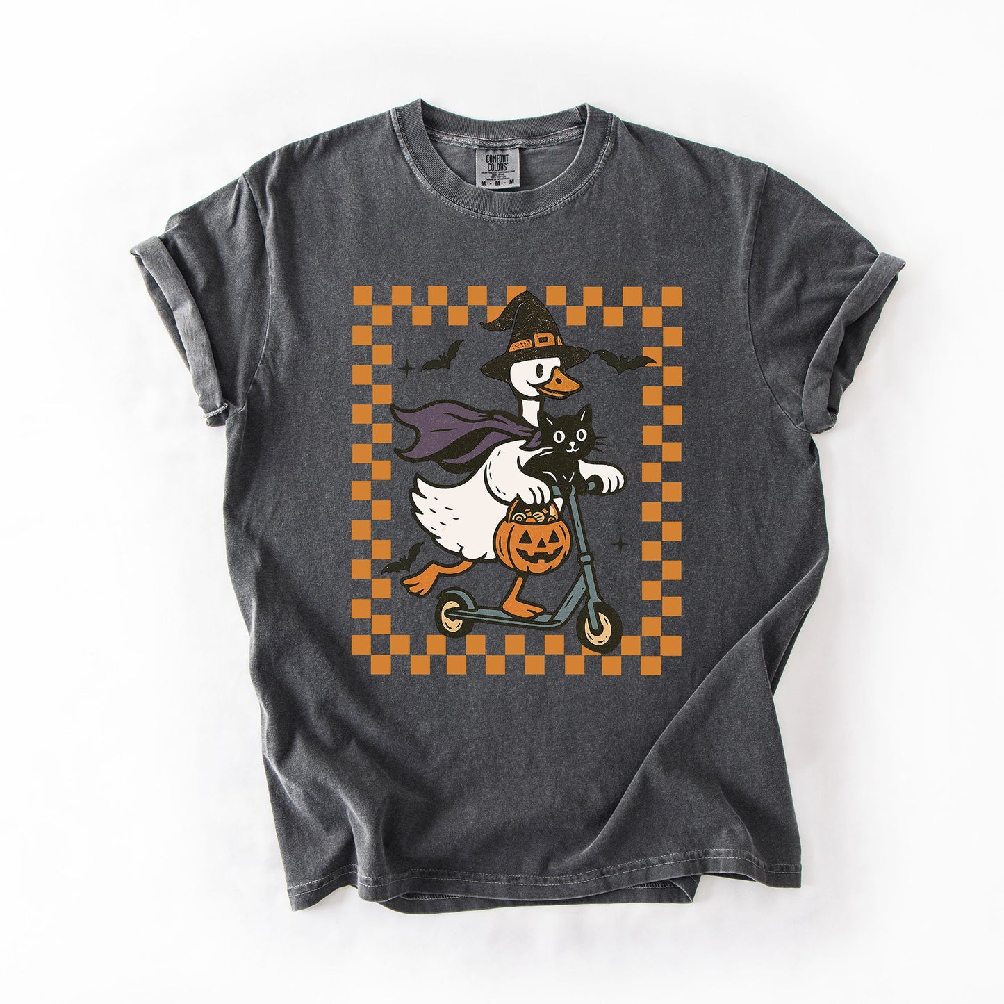 Funny Halloween Goose, Black Cat, Witch, Checkered, Comfort Colors T-Shirt