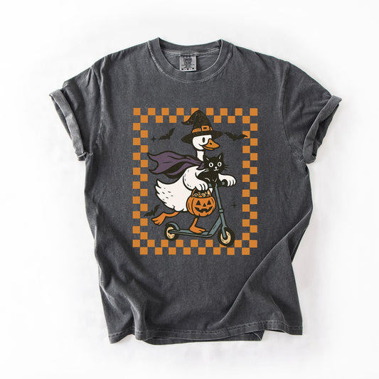 Funny Halloween Goose, Black Cat, Witch, Checkered, Comfort Colors T-Shirt