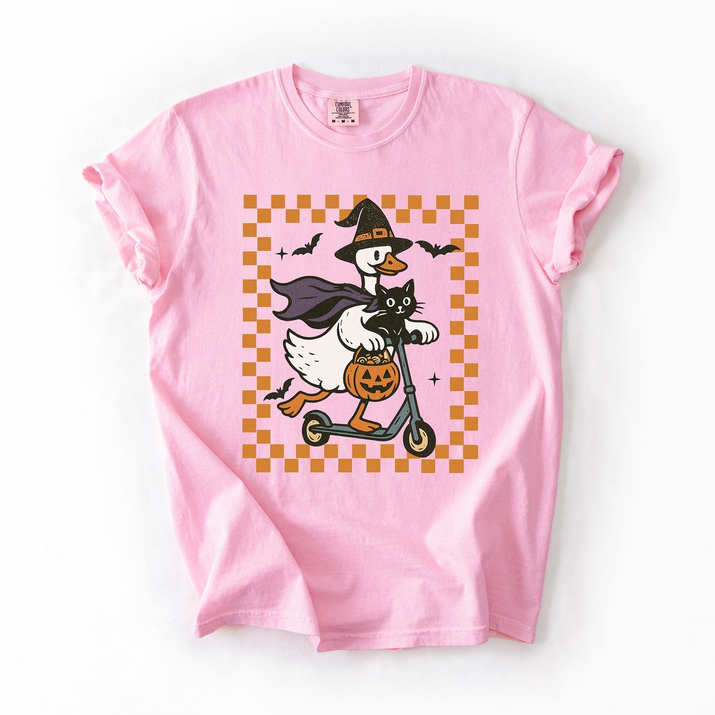 Funny Halloween Goose, Black Cat, Witch, Checkered, Comfort Colors T-Shirt