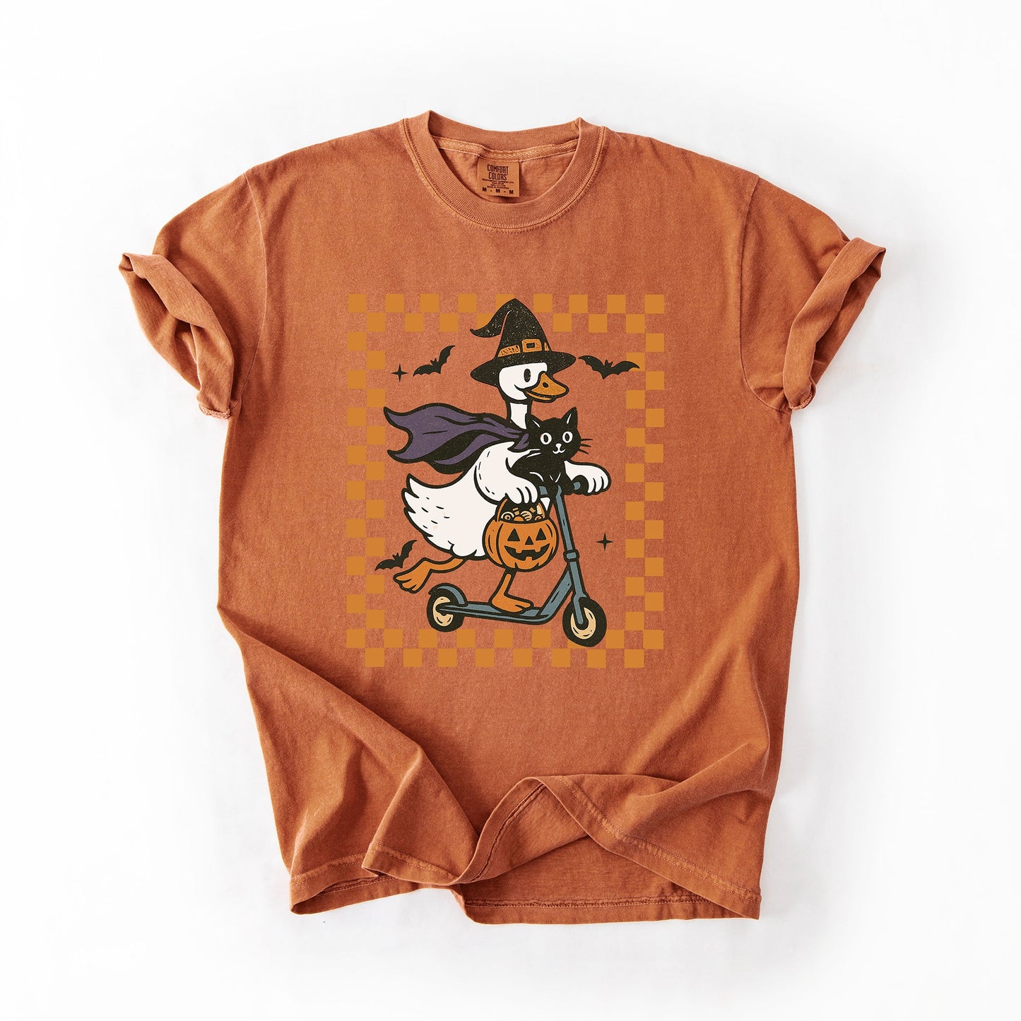 Funny Halloween Goose, Black Cat, Witch, Checkered, Comfort Colors T-Shirt