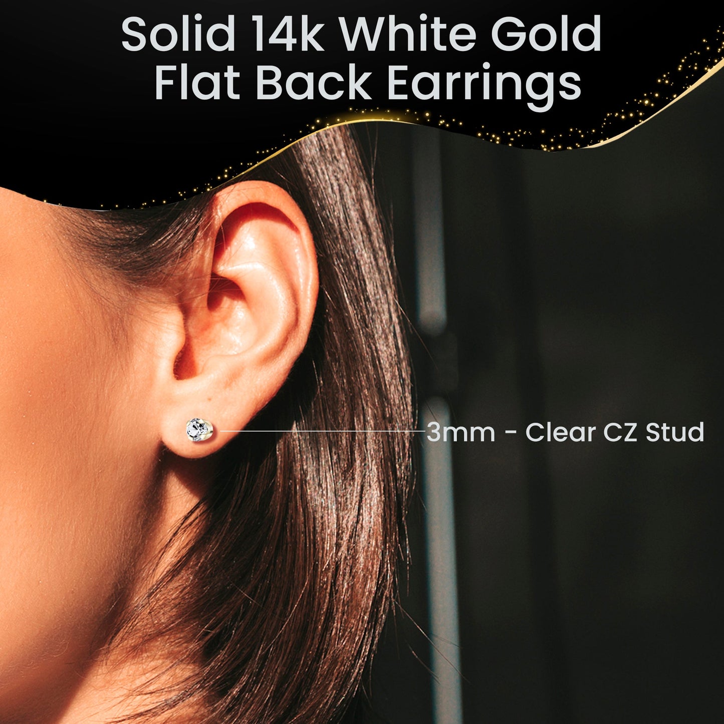 14k White Gold Flat Back Earring with 3mm Cubic Zirconia Handmade