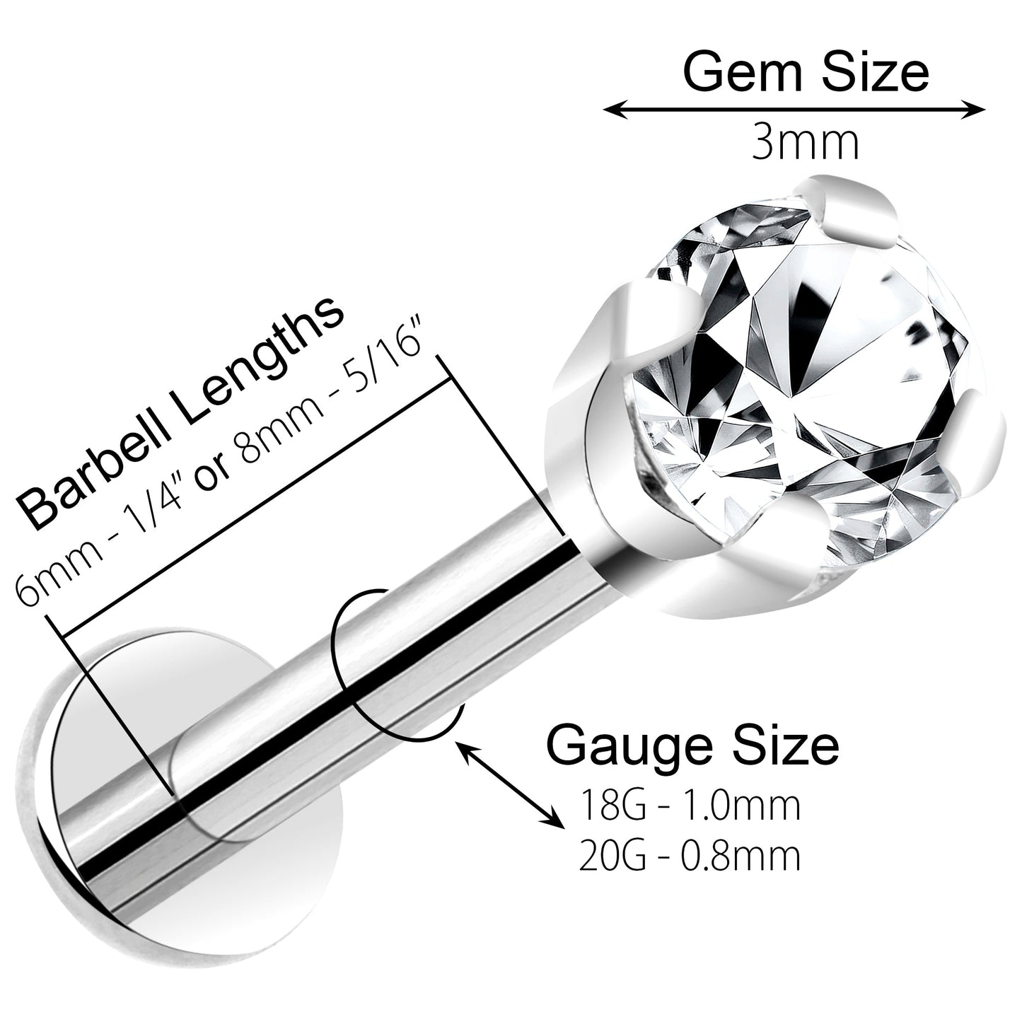 14k White Gold Flat Back Earring with 3mm Cubic Zirconia Handmade