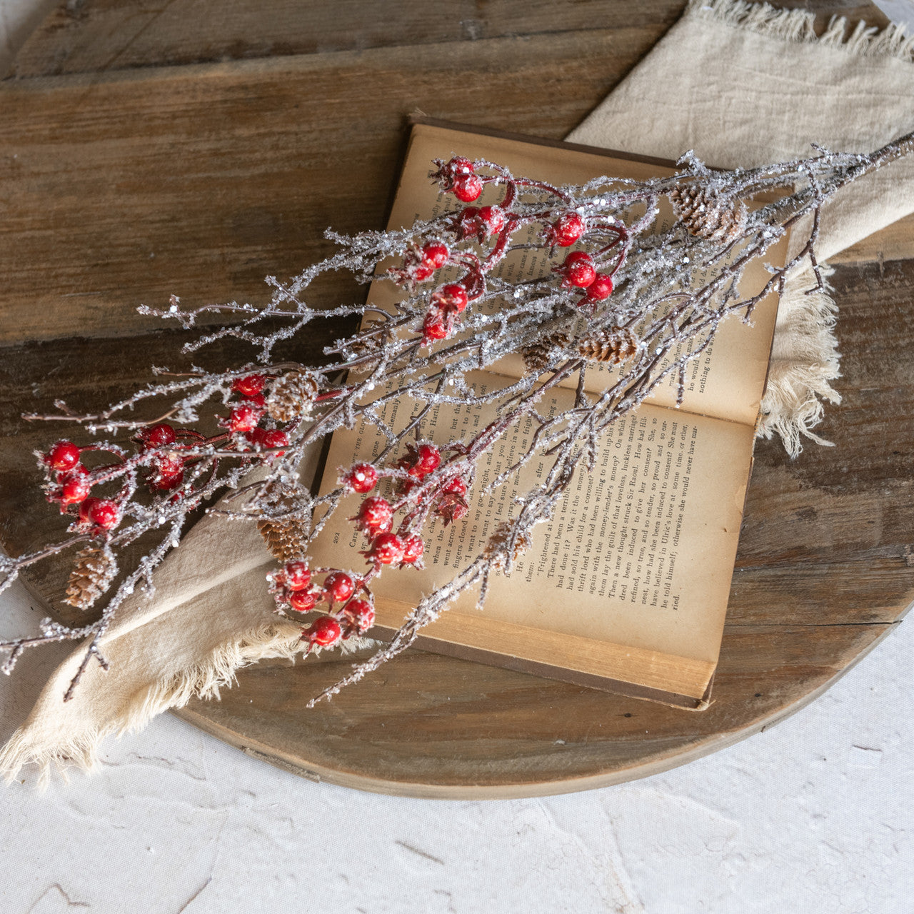 36" ICED TWIG W/ RED BERRIES & PINECONE SPRAY