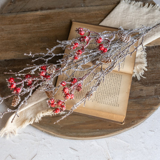 36" ICED TWIG W/ RED BERRIES & PINECONE SPRAY