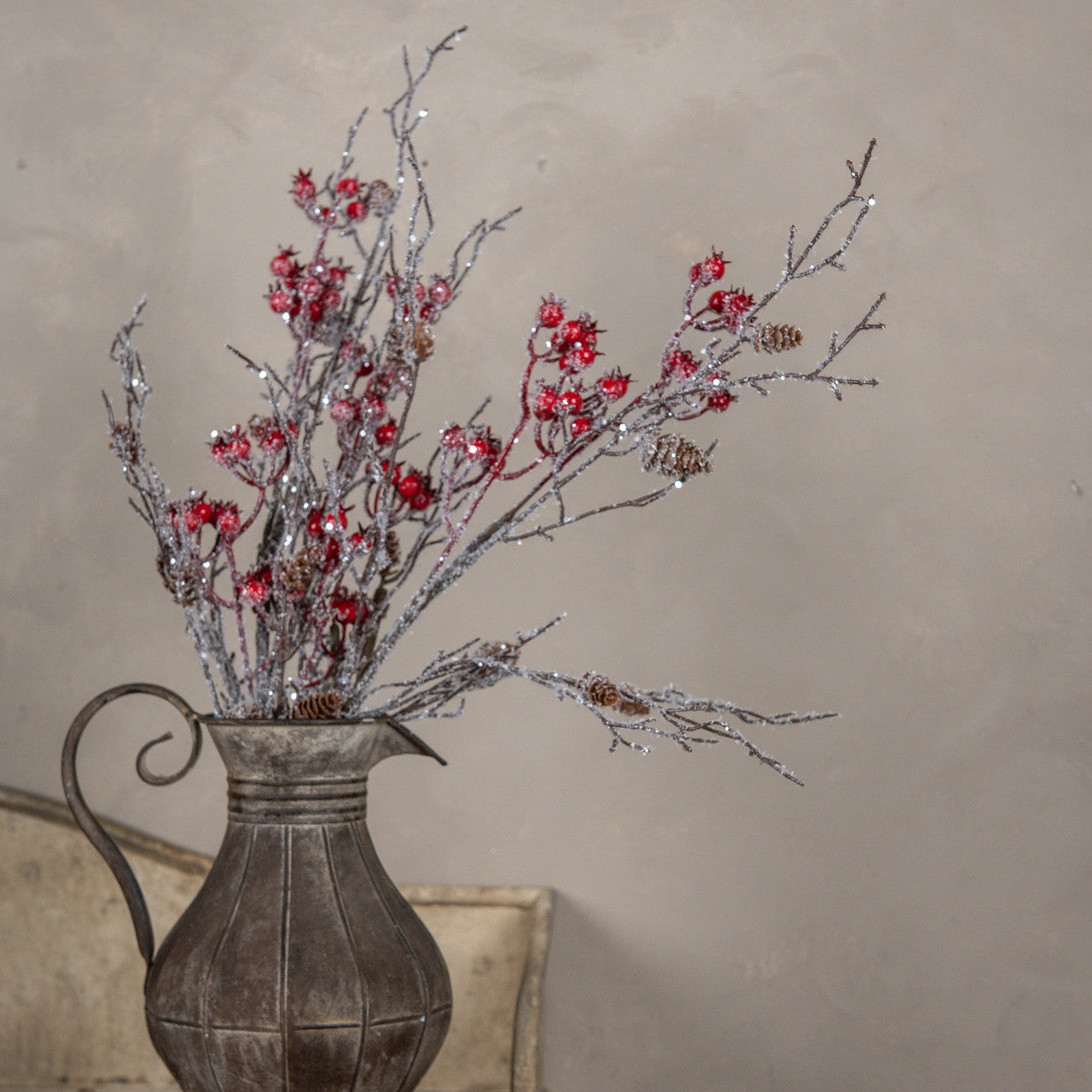 36" ICED TWIG W/ RED BERRIES & PINECONE SPRAY