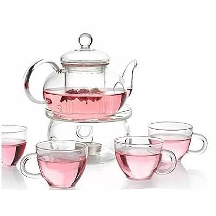 6-Piece Glass Tea Pot Set with 4 Cups Teapot Warmer and Infuser | Kitchen + Metal