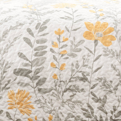 King size Yellow Grey Floral Light Thin Cotton Polyester Blend Quilt Set