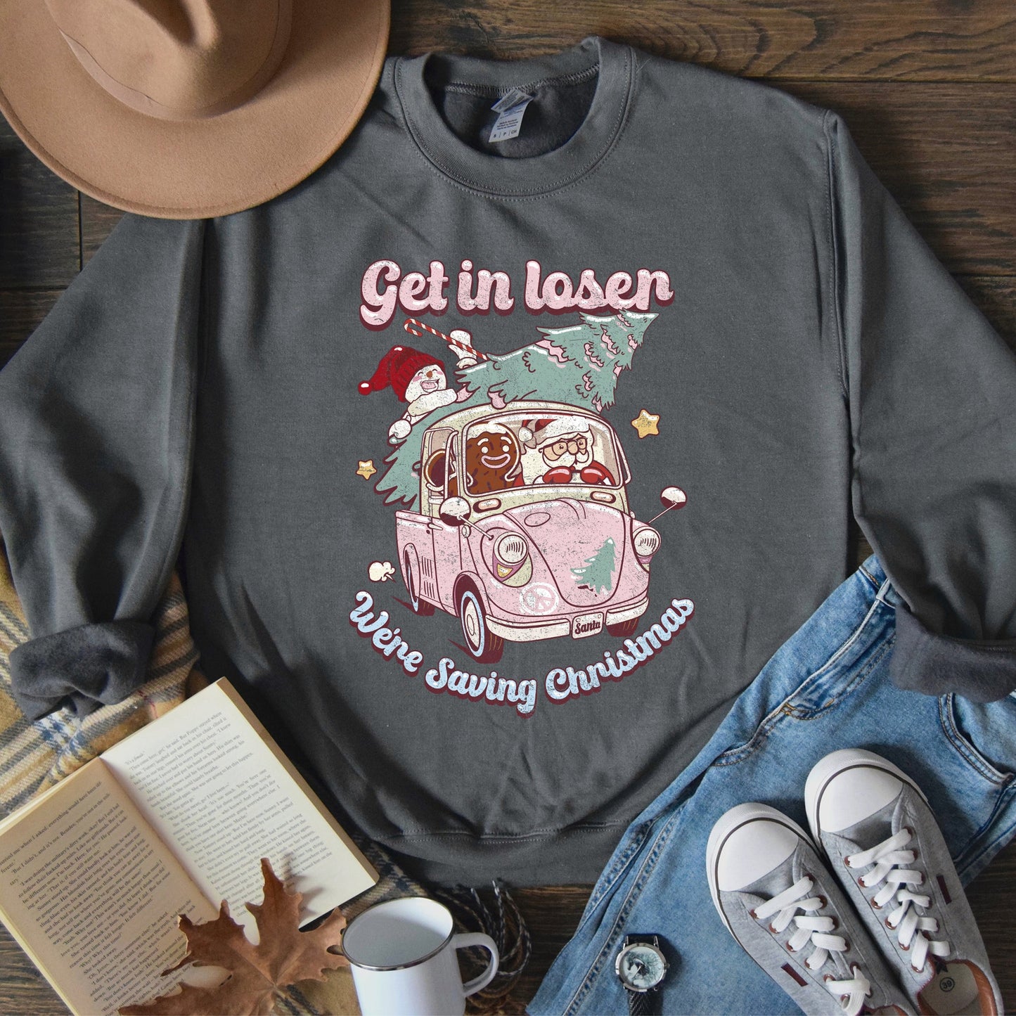 Get In Loser, We're Saving Christmas, Retro, Pink, Santa, Snowman Sweatshirt