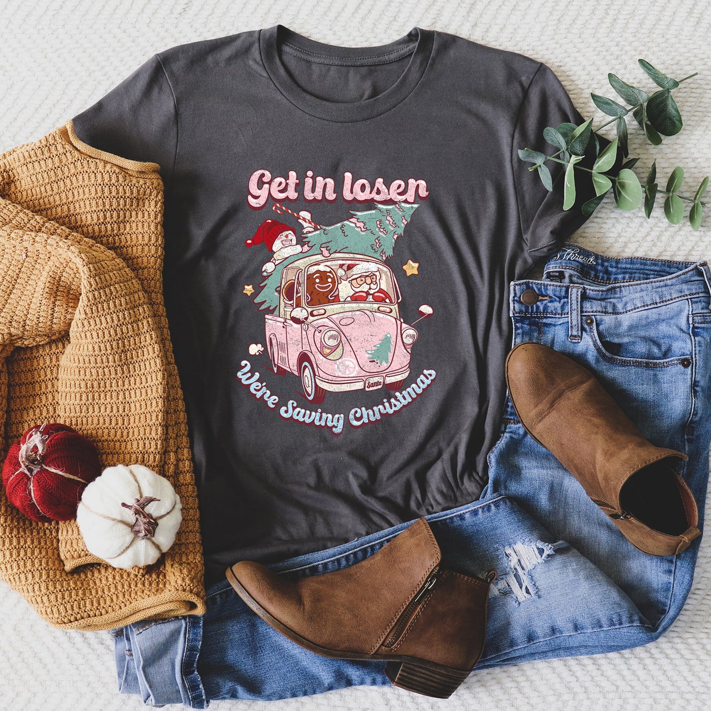 Get In Loser, We're Saving Christmas, Retro, VW, Pink, Santa, Snowman Super Soft Tees