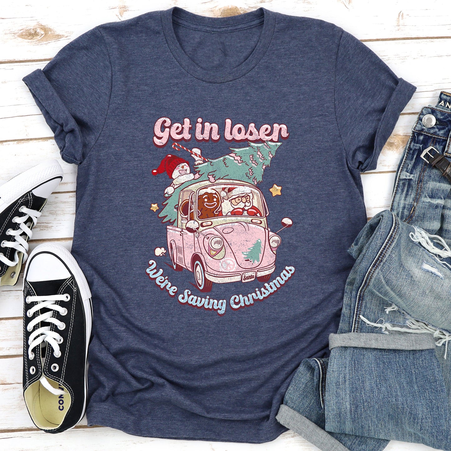 Get In Loser, We're Saving Christmas, Retro, VW, Pink, Santa, Snowman Super Soft Tees