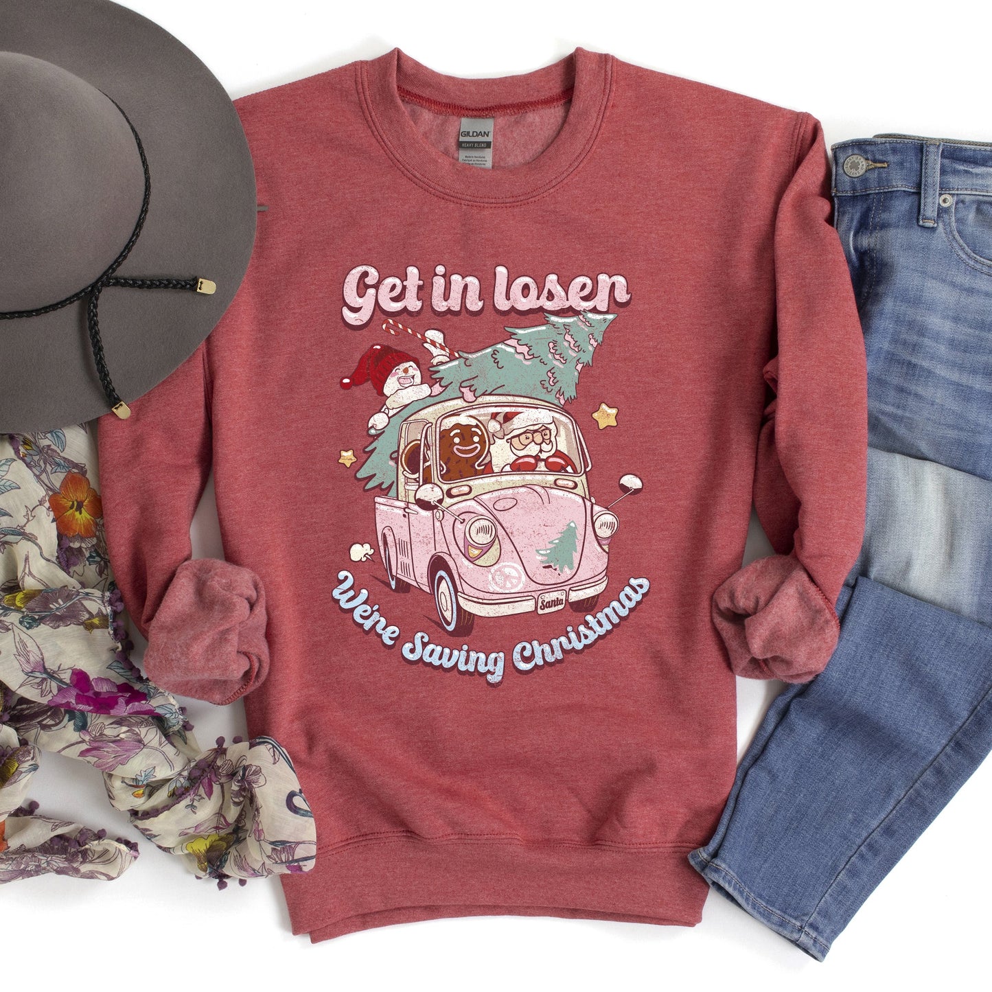 Get In Loser, We're Saving Christmas, Retro, Pink, Santa, Snowman Sweatshirt