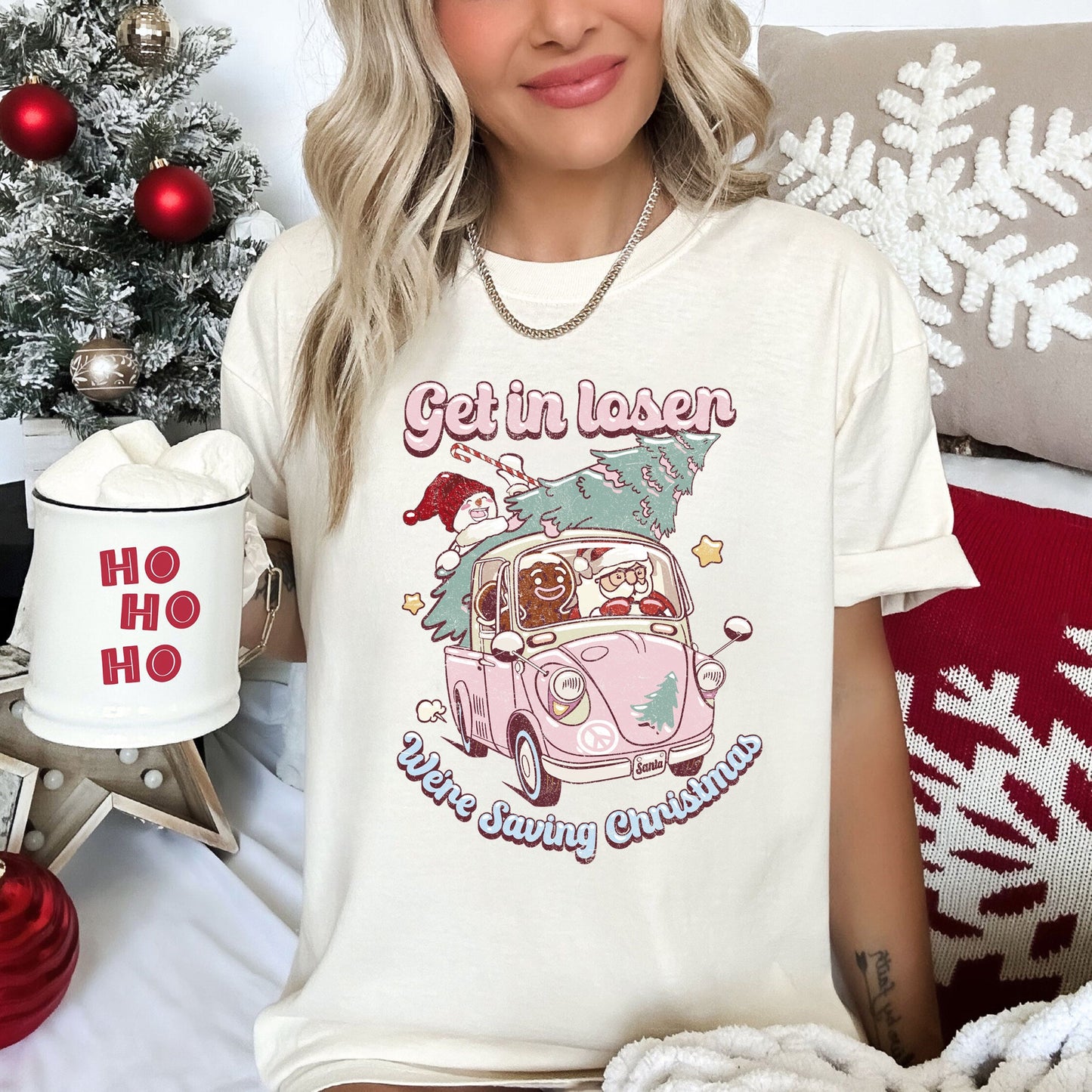 Get In Loser, We're Saving Christmas, Retro, Pink, Santa, Snowman Comfort Colors Tshirt