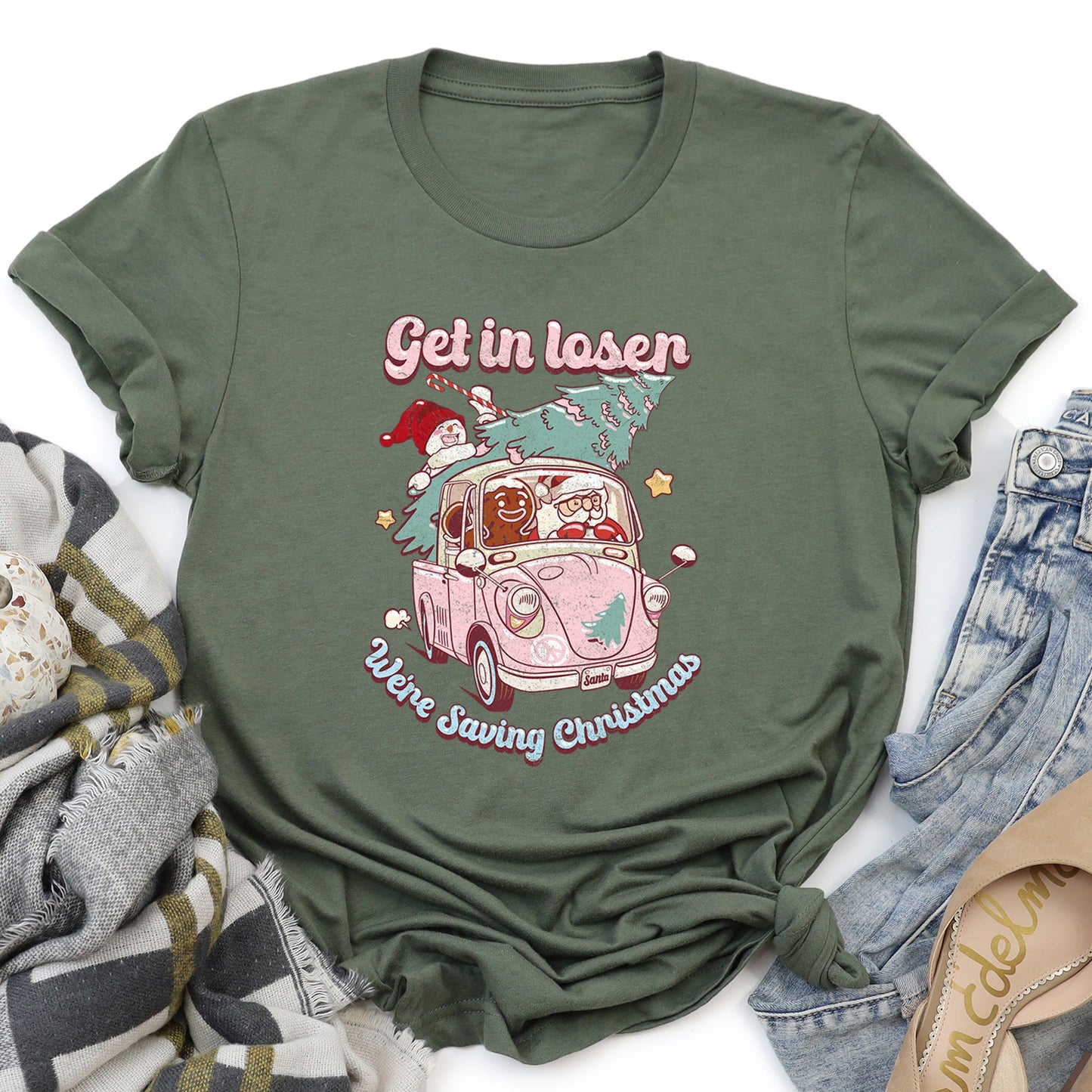 Get In Loser, We're Saving Christmas, Retro, VW, Pink, Santa, Snowman Super Soft Tees