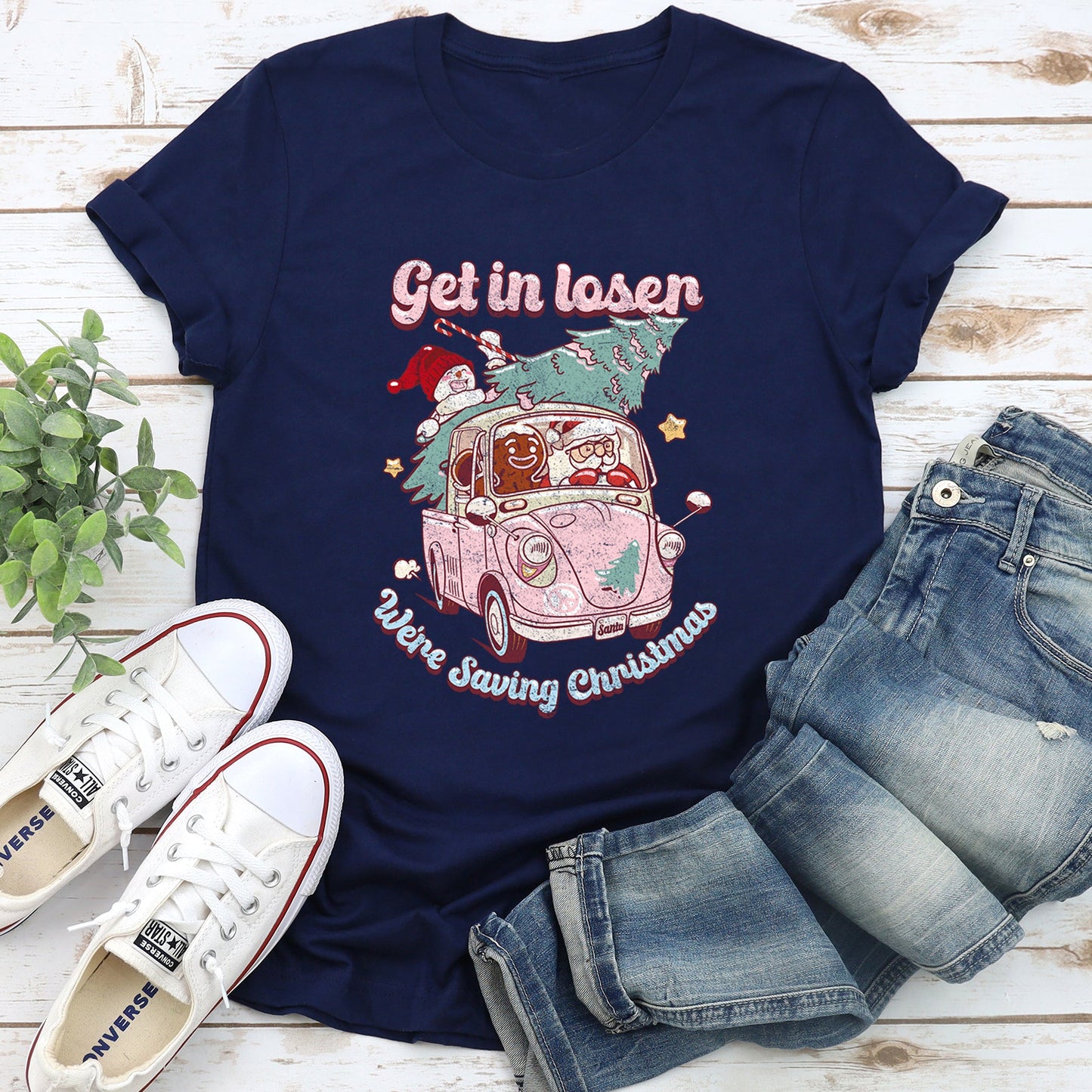 Get In Loser, We're Saving Christmas, Retro, VW, Pink, Santa, Snowman Super Soft Tees