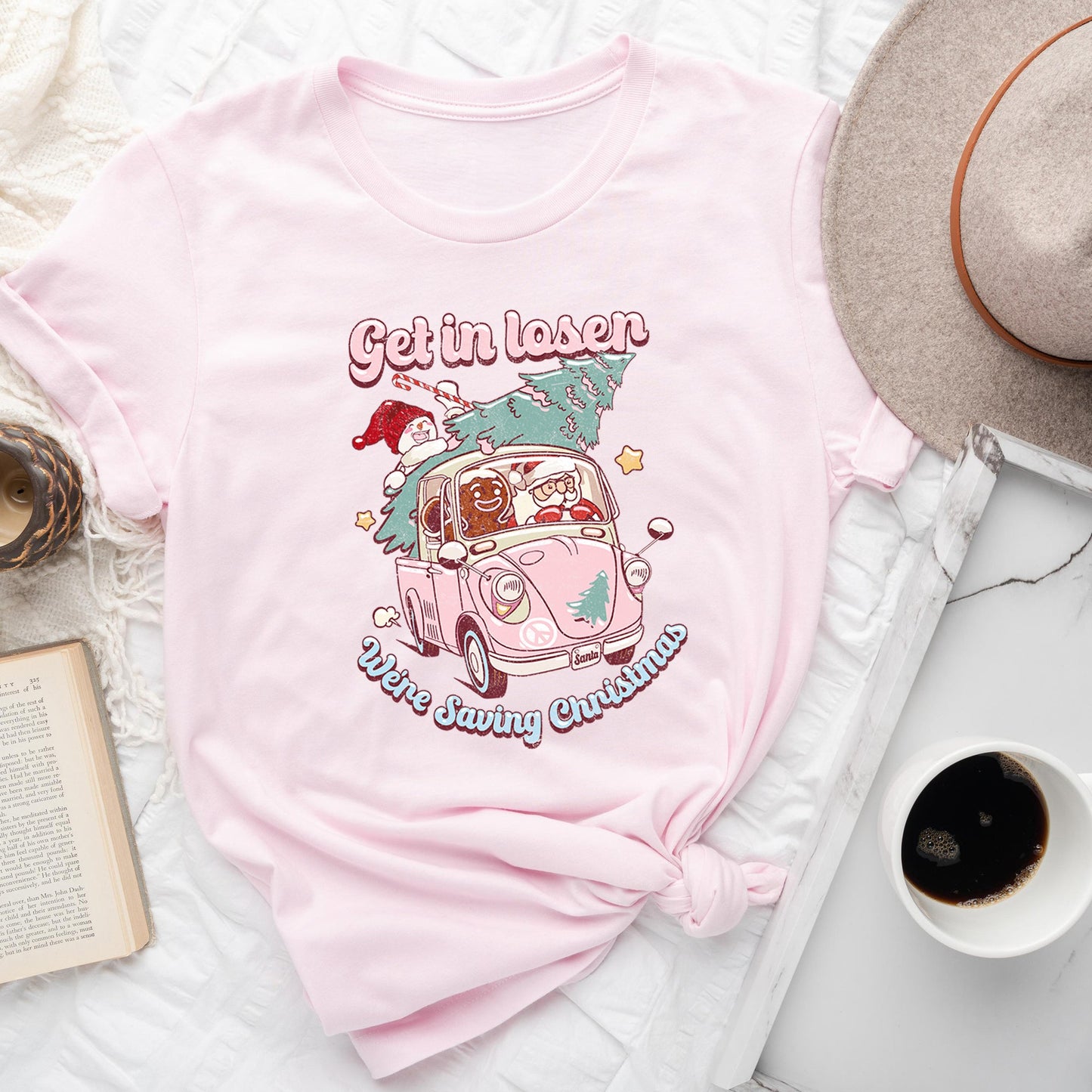 Get In Loser, We're Saving Christmas, Retro, VW, Pink, Santa, Snowman Super Soft Tees
