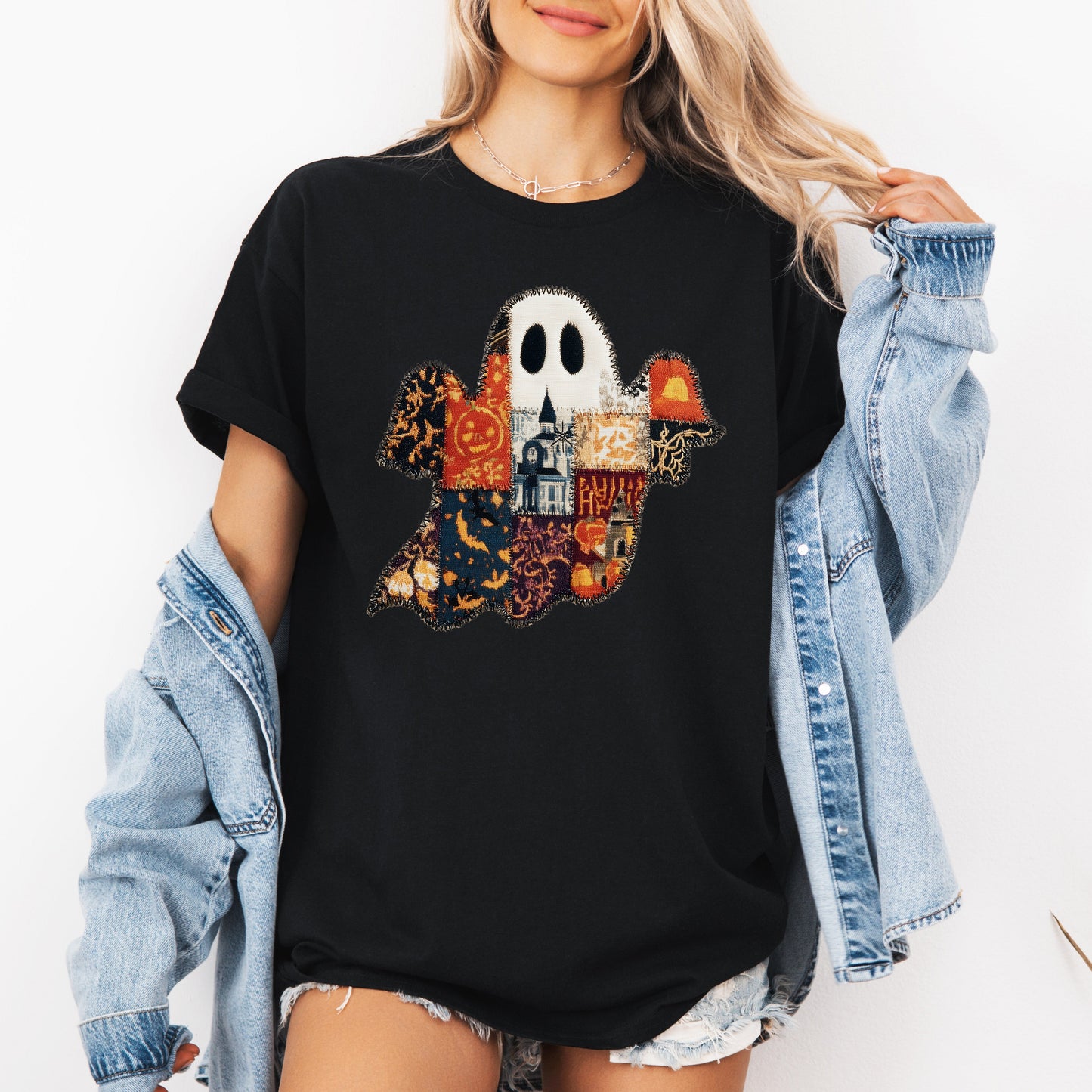 Ghost, Faux Quilt, Classic, Cute, Trad, Halloween, Fall, Autumn, Tshirt