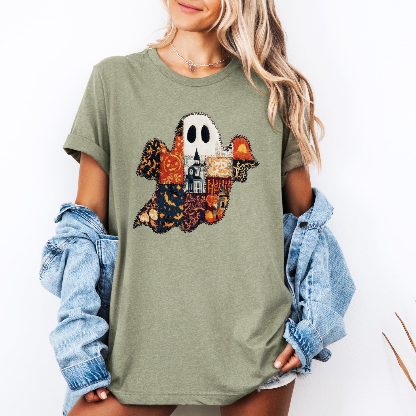 Ghost, Faux Quilt, Classic, Cute, Trad, Halloween, Fall, Autumn, Tshirt