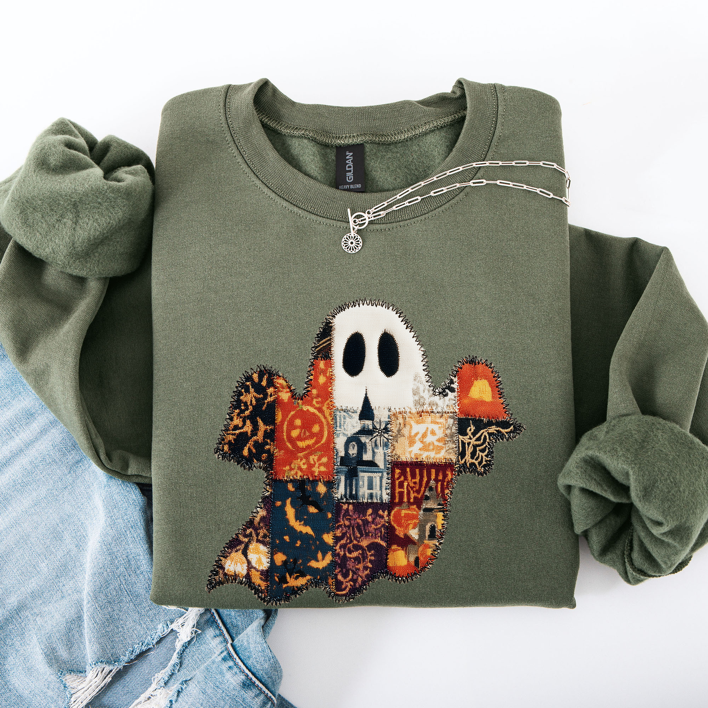 Ghost, Faux Quilt, Classic, Cute, Trad, Halloween, Fall, Autumn Sweatshirt