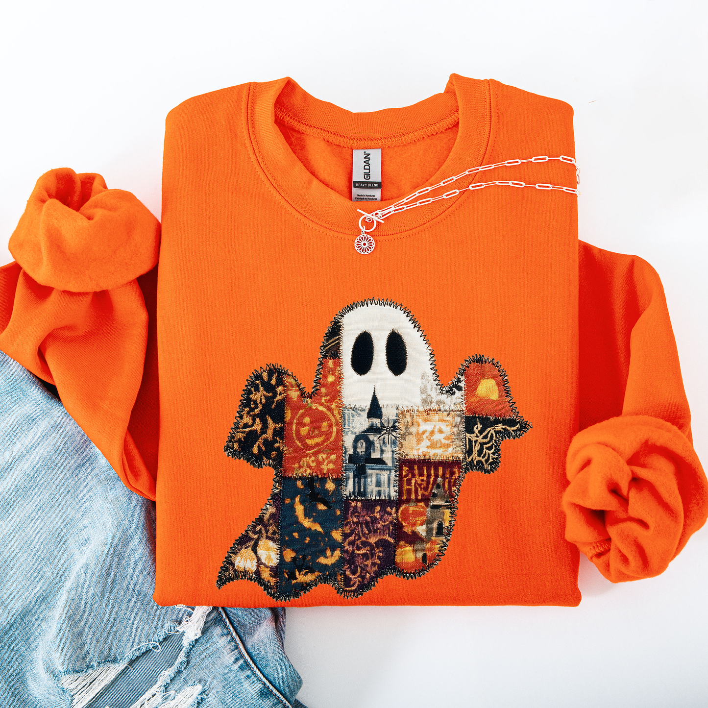 Ghost, Faux Quilt, Classic, Cute, Trad, Halloween, Fall, Autumn Sweatshirt
