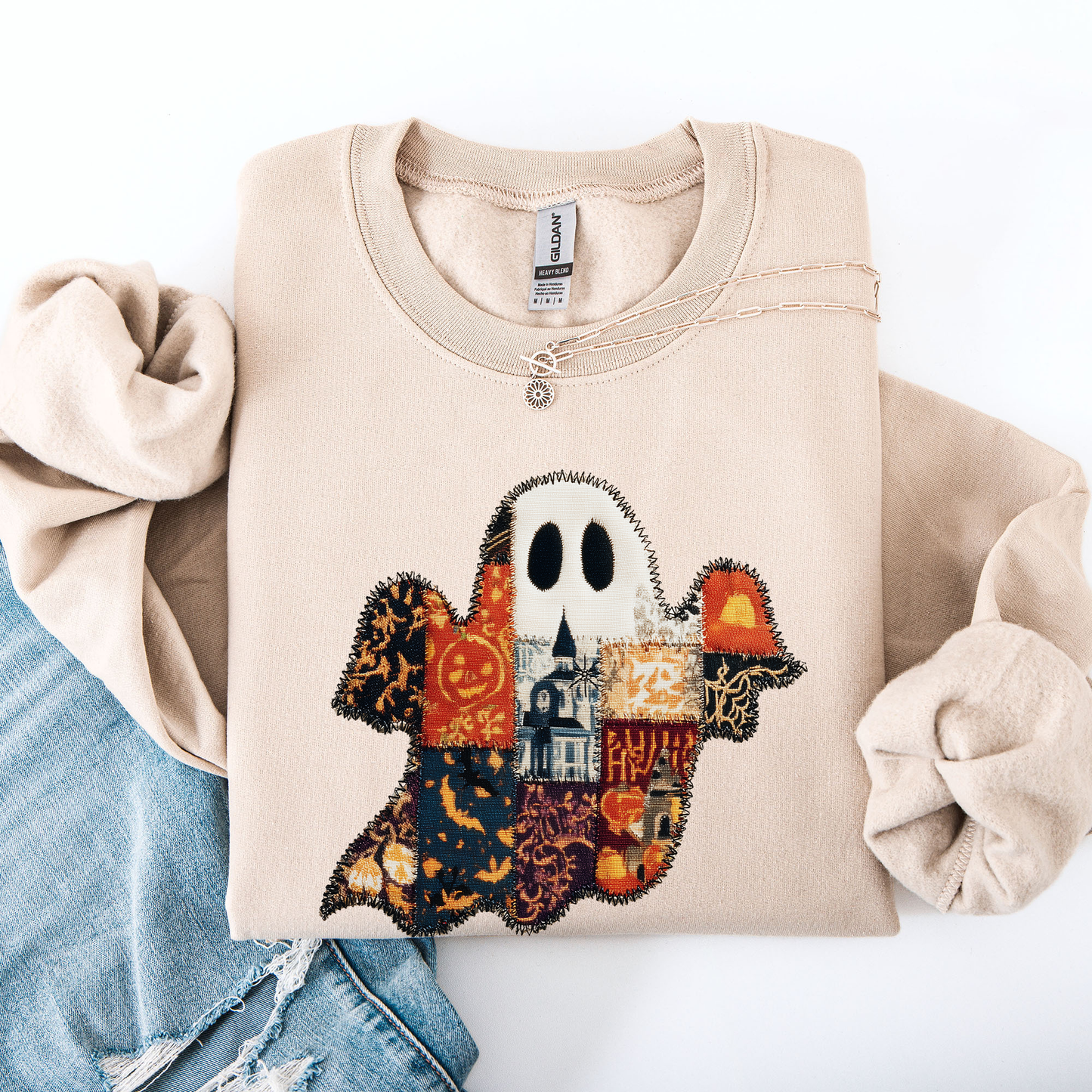 Ghost, Faux Quilt, Classic, Cute, Trad, Halloween, Fall, Autumn Sweatshirt