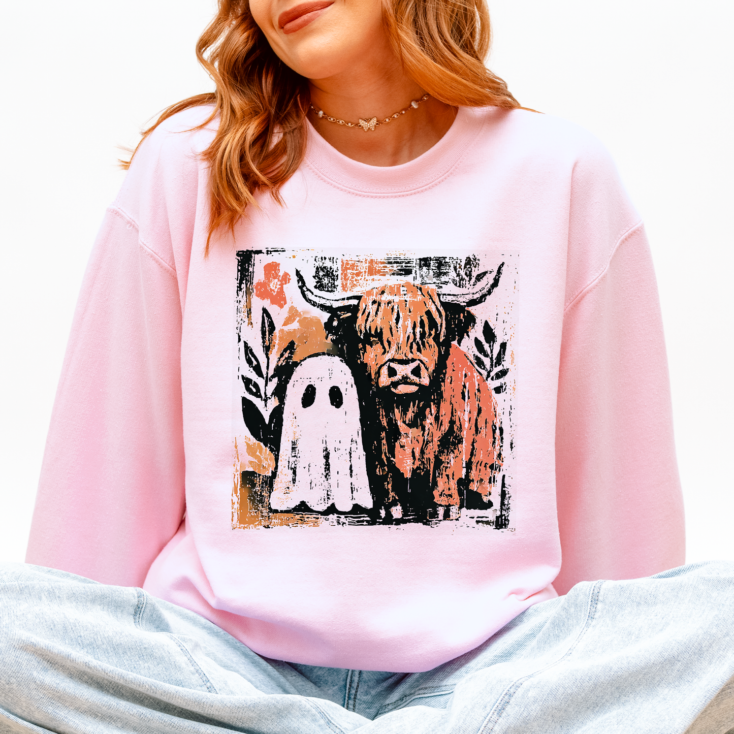 Ghost and Cow, Cute, Autumn, Halloween, Spooky, Fall Sweatshirt