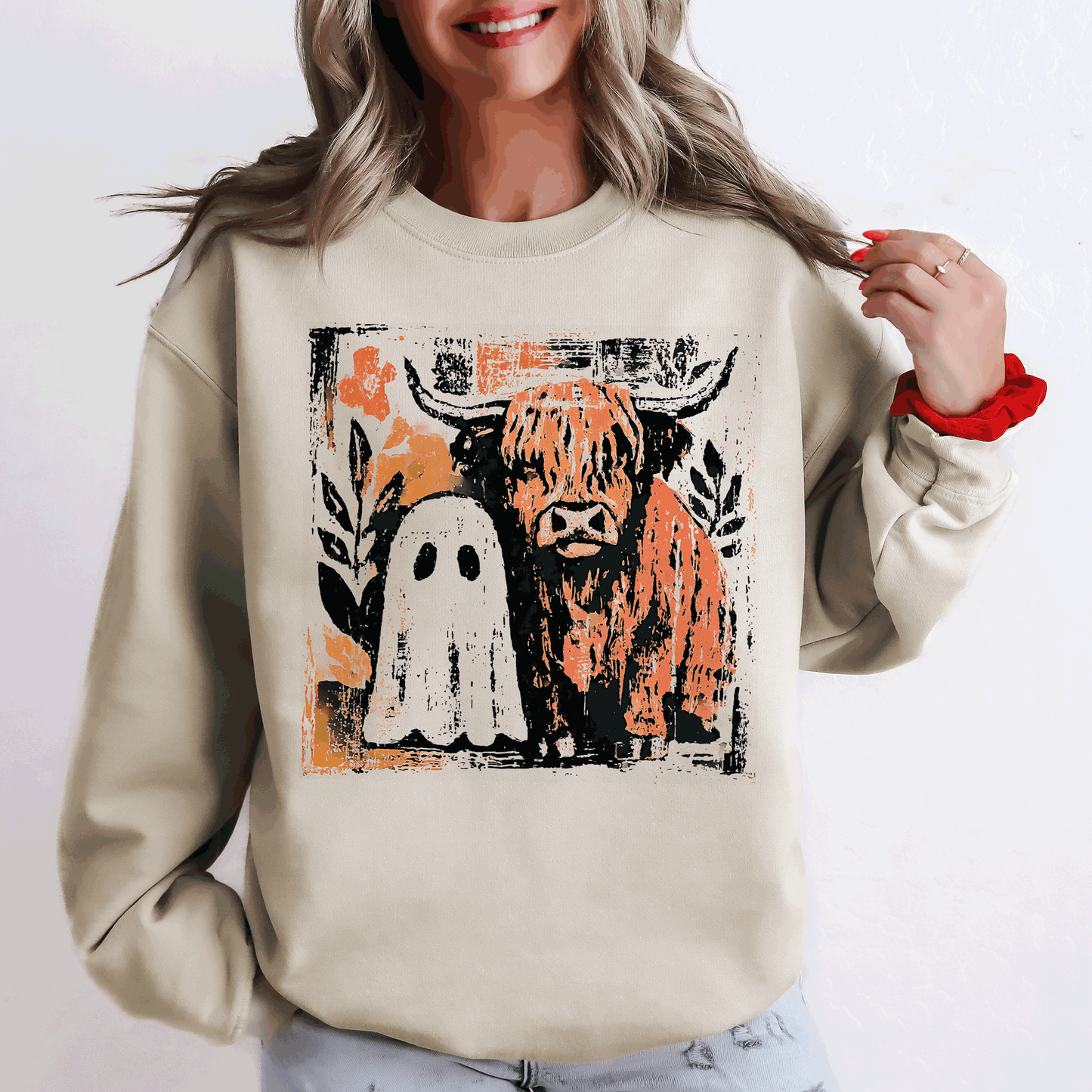 Ghost and Cow, Cute, Autumn, Halloween, Spooky, Fall Sweatshirt