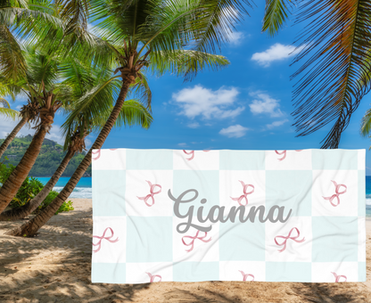 Customizable: Chic Beach Towel with Pink Bow Design | Perfect for Summer, Pool Days, Beach Trips, picnics, Vacation, Gift Ideas