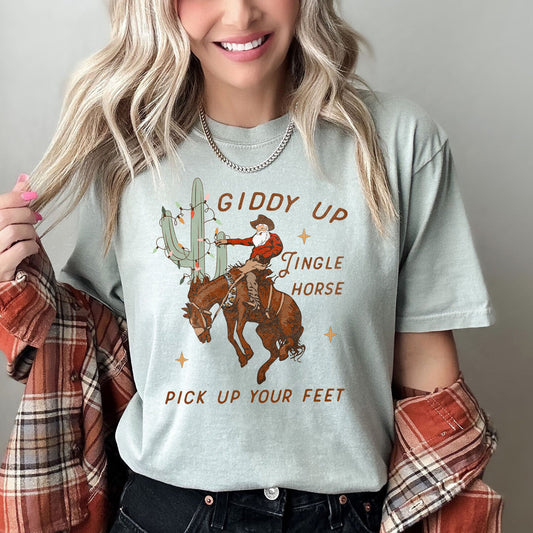 Giddy Up Jingle Horse, Cowboy Santa, Christmas, Desert, Cactus Comfort Colors Tshirt
