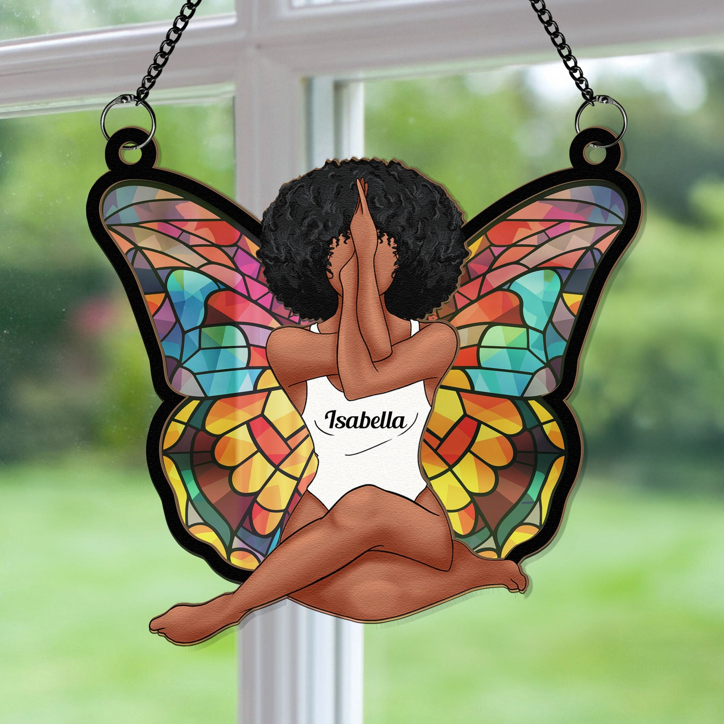 Girl Butterfly - Personalized Window Hanging Suncatcher Ornament - Gift For Women, Yoga Lovers, Mental Health Gifts