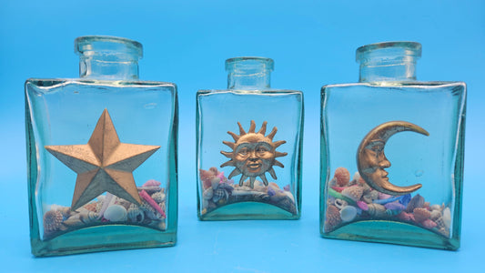 Glass Bottles with Shells – Coastal Decorative Accents Celestial Set of 3