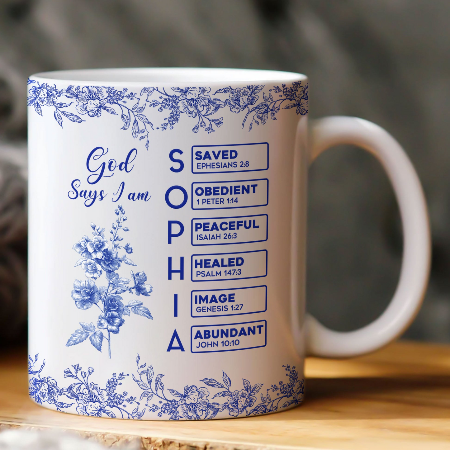 God Says I Am Name Letter In Bible Birth Flower Toile De Jouy Style - Personalized Mug - Christian Gift, Bible Verses