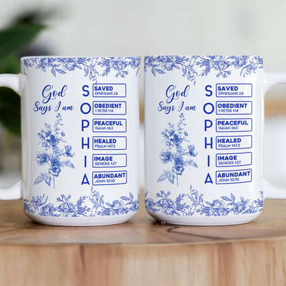 God Says I Am Name Letter In Bible Birth Flower Toile De Jouy Style - Personalized Mug - Christian Gift, Bible Verses