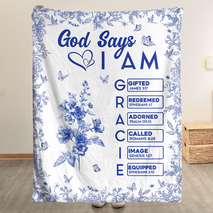 God Says I Am Name Letter In Bible Birth Flower Toile De Jouy Style - Personalized Custom Blanket - Christian Gift, Bible Verses